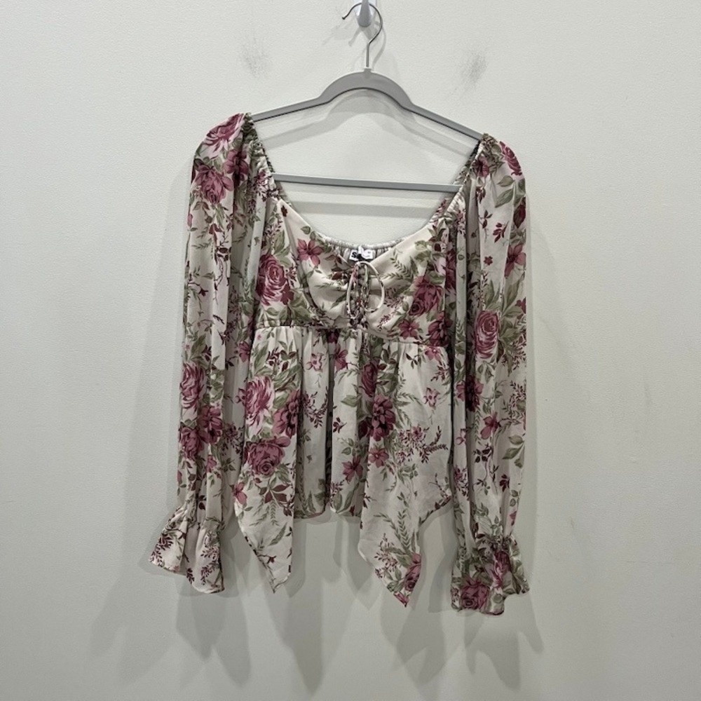 Romantic Cottagecore Floral Ruched Bust Babydoll Peplum Chiffon Blouse M